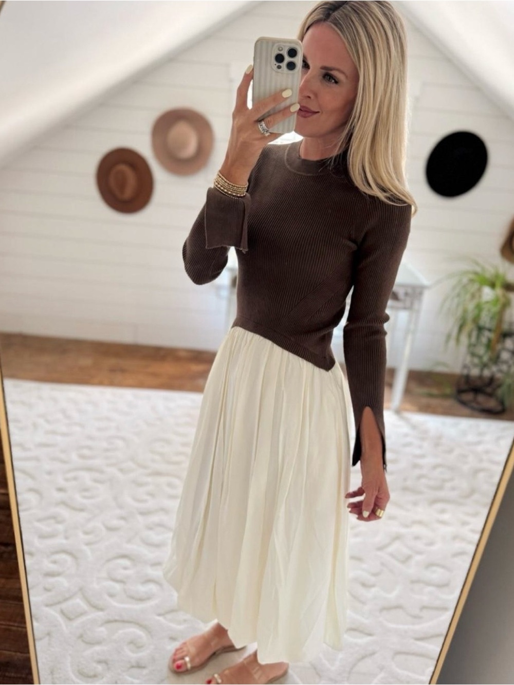 Brown ripped sweater on top with Cream Midi Skirt with Flowing A-Line Dress